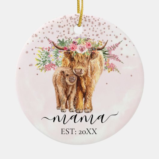 Pink Mama Baby Highland Cow Calf Mutter Keramik Ornament (Vorne)