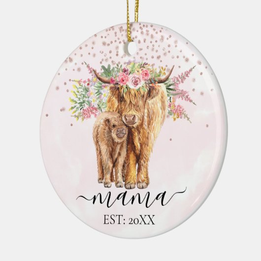 Pink Mama Baby Highland Cow Calf Mutter Keramik Ornament (Links)