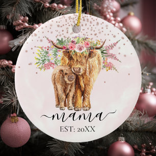 Pink Mama Baby Highland Kuh Kalb Mutter Keramik Ornament