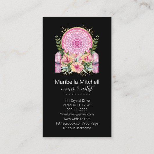 Pink Mandala Crystals Blume Energie Yoga Reiki Wel Visitenkarte (Rückseite)
