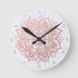 Pink Mandala Flower White Marble Wall Clock Runde Wanduhr