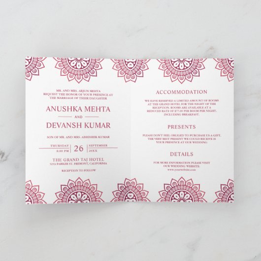 Pink Mandala Traditionelle indische Hochzeit Einladung (Innenseite)