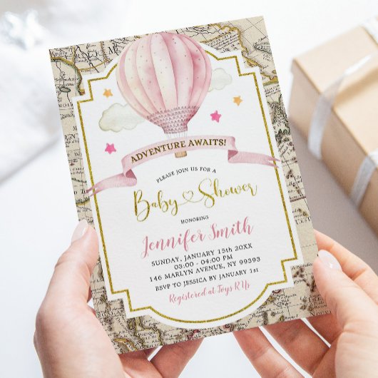 Pink Map Hot Air Ballon Adventure Baby Dusche Einladung