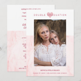 Pink Marble Effect Romantic Photo Twins Graduation Einladung