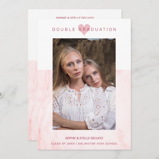 Pink Marble Effect Romantic Photo Twins Graduation Einladung (Vorne/Hinten)