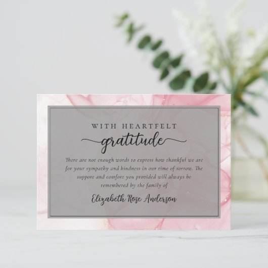 Pink Marble Script Beileid Beerdigung Dankeskarte (Stehend Vorderseite)
