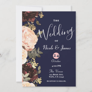 Pink & marineblaue Floral Greenery Hochzeit   Einladung
