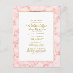 Pink Marmor Gold Weiße Abschlussfeier Einladung Postkarte