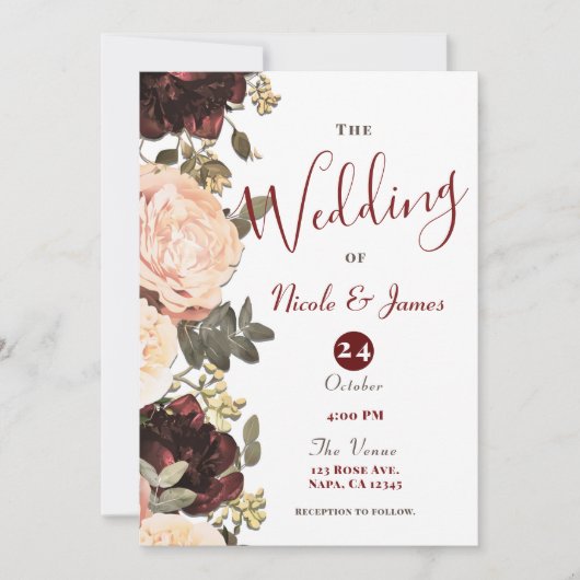 Pink & Maroon Blumengrün Blätter Hochzeit Einladung (Vorderseite)