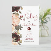 Pink & Maroon Blumengrün Blätter Hochzeit Einladung (Stehend Vorderseite)