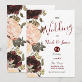 Pink & Maroon Blumengrün Blätter Hochzeit Einladung (Vorne/Hinten)