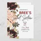 Pink & Maroon Blumengrün Blätter Sweet 16 Einladung (Vorne/Hinten)