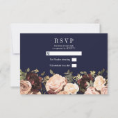 Pink Maroon Blumengrün Navy Blue Wedding RSVP Einladung (Vorderseite)