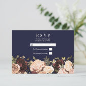 Pink Maroon Blumengrün Navy Blue Wedding RSVP Einladung (Stehend Vorderseite)
