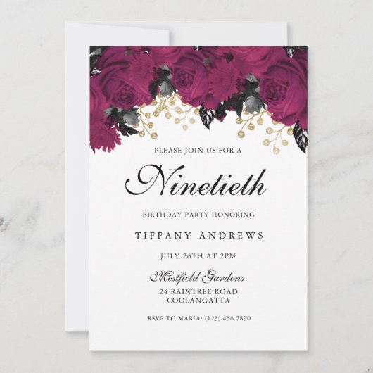 Pink Marsala Blume 90. Geburtstagsparty Einladung (Vorderseite)