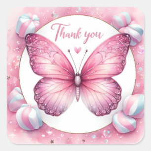 Pink Marshmallow Candy Butterfly - Danke - Quadratischer Aufkleber