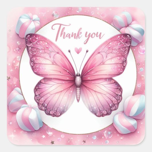 Pink Marshmallow Candy Butterfly - Danke - Quadratischer Aufkleber (Vorderseite)