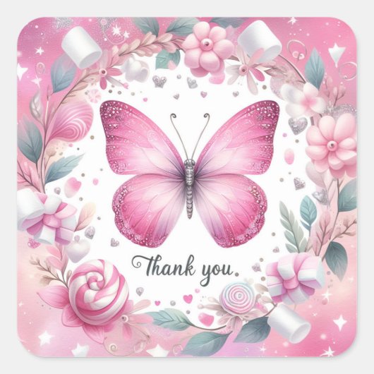 Pink Marshmallow Candy Butterfly - Danke - Quadratischer Aufkleber (Vorderseite)