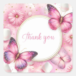 Pink Marshmallow Candy Butterfly - Danke - Quadratischer Aufkleber