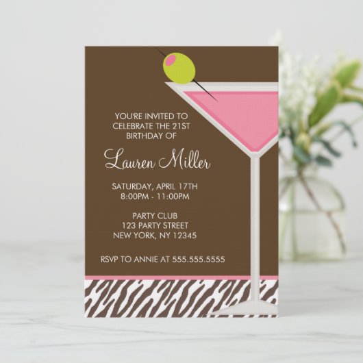 Pink Martini und Zebra Muster Einladung (Stehend Vorderseite)