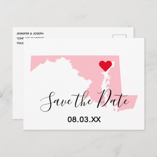 Pink Maryland Red Heart Save the Date Ankündigungspostkarte (Vorne/Hinten)