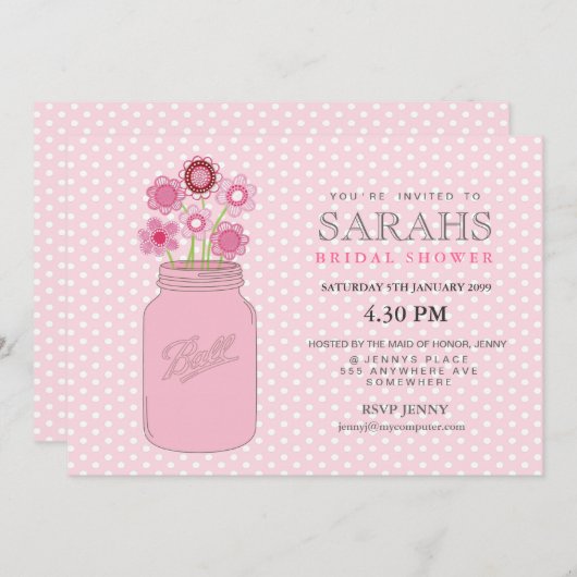 Pink Mason Jar Blume Brautparty Party Einladung (Vorne/Hinten)
