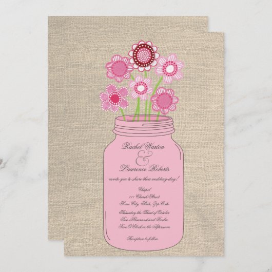 Pink Mason Jar Blume & Burlap Wedding Einladung (Vorne/Hinten)