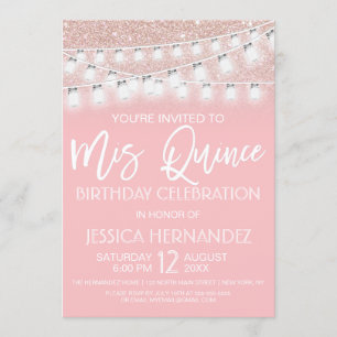 Pink Mason Jar String Lights Glitzer Quinceañera Einladung