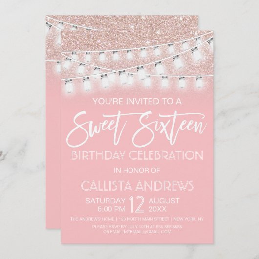 Pink Mason Jar String Lights Glitzer Sweet 16 Einladung (Vorne/Hinten)