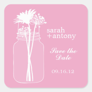 Pink Mason Jar und Blume Hochzeit Quadratischer Aufkleber