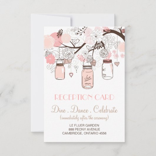 Pink Mason Jars und Love Birds Empfang Card Einladung (Vorderseite)