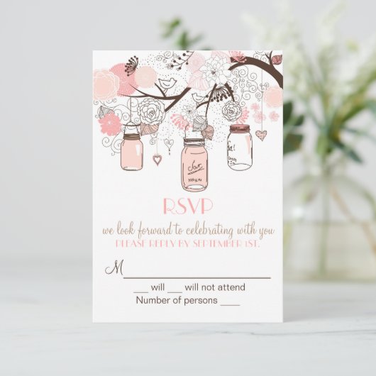 Pink Mason Jars und Love Birds UAWG Wedite Einladu RSVP Karte (Stehend Vorderseite)