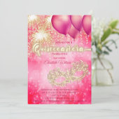 Pink Masquerade Ballon Feuerwerk Quinceañera Einladung (Stehend Vorderseite)