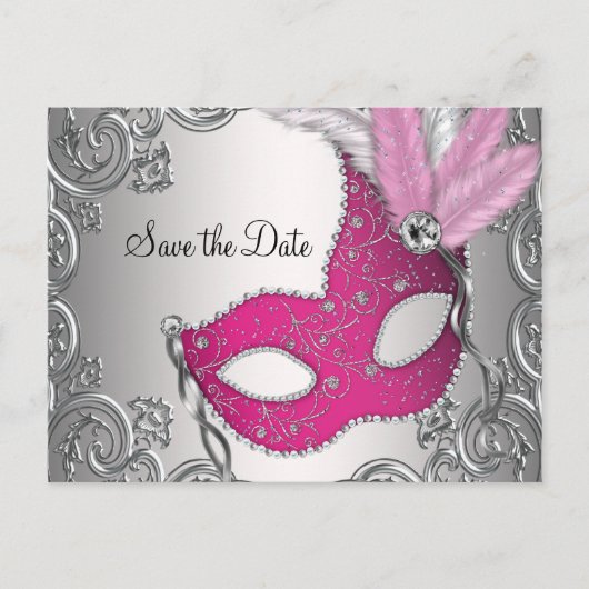 Pink Masquerade Save the Date Ankündigungspostkarte (Vorderseite)