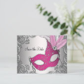 Pink Masquerade Save the Date Ankündigungspostkarte (Stehend Vorderseite)