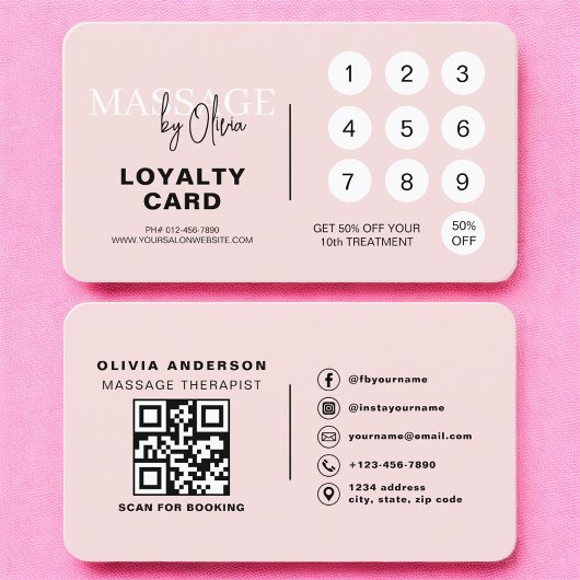 Pink Massage Therapy Loyalty Card with QR Code Visitenkarte