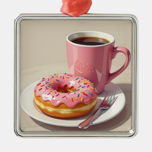 Pink Mattiert Donut und Kaffee Weihnachten Ornament Aus Metall (Vorne)