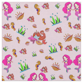 Pink Mauve Mermaids mit Seepferden und Muscheln Stoff