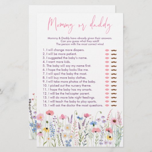 Pink Meadow Wildblumen Mommy oder Daddy Shower Gam (Vorne/Hinten)