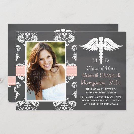 PINK MEDICAL SCHOOL ABSCHLUSS CHALKBOARD EINLADUNG (Vorne/Hinten)