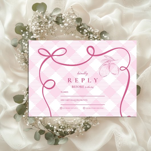 Pink Mediteranean Bow Gingham Lemons Wedding RSVP Karte