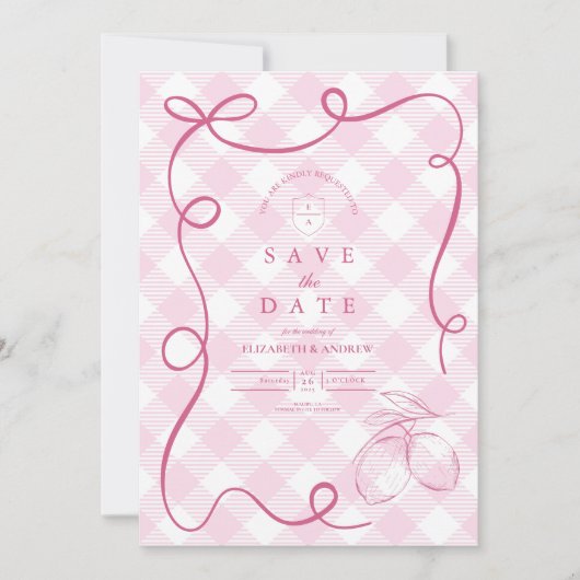 Pink Mediteranean Bow Gingham Lemons Wedding Save The Date (Vorderseite)
