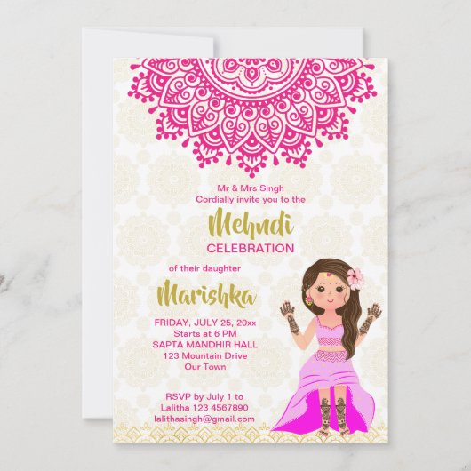 Pink mehndi mandala cute Indian girl cartoon Einladung (Vorderseite)