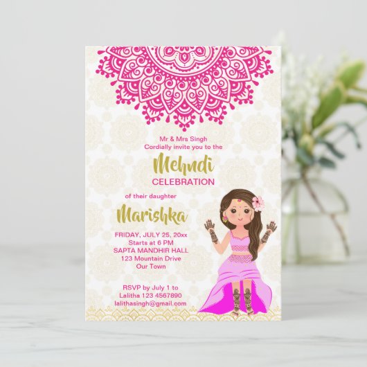 Pink mehndi mandala cute Indian girl cartoon Einladung (Stehend Vorderseite)