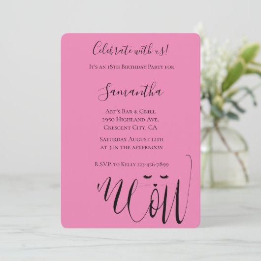 Pink Meow Cat Birthday Einladung (Stehend Vorderseite)