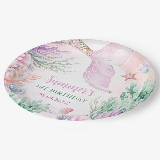 Pink Mermaid 1st Birthday Oneder The Sea Pappteller (Schrägansicht)