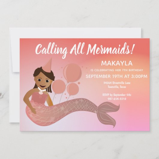 Pink Mermaid American Birthday Party Einladung (Vorderseite)