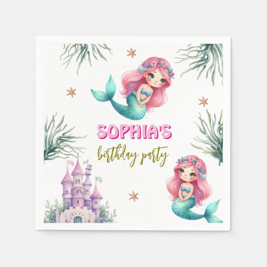 Pink Mermaid Burg Geburtstag Serviette (Vorderseite)