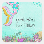 Pink Mermaid First Birthday Quadratischer Aufkleber (Vorderseite)