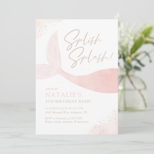 Pink Mermaid Girl Birthday Party Einladung (Stehend Vorderseite)